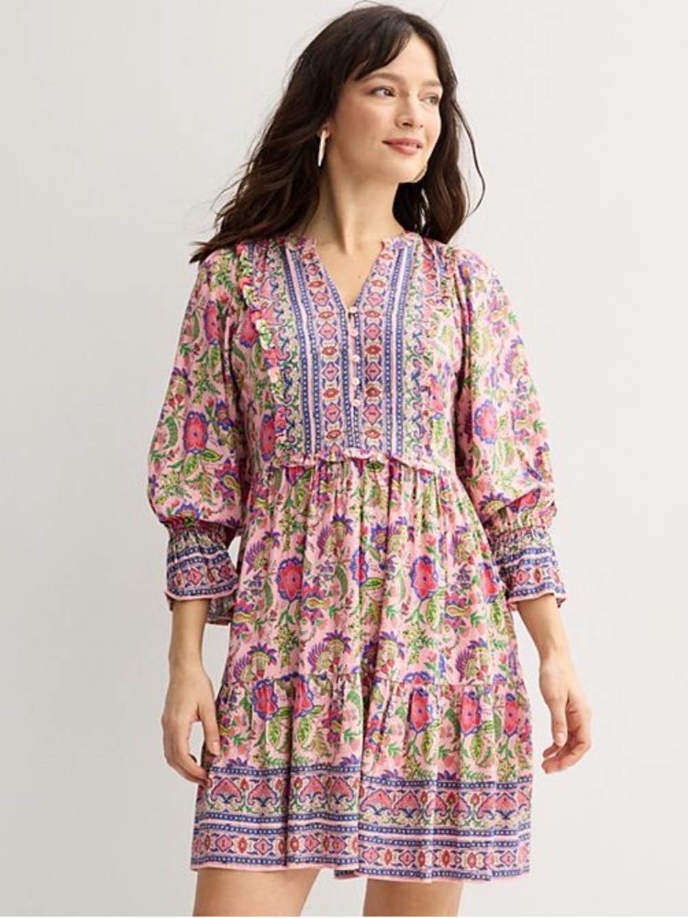 Pink Floral V-Neck Tiered Long Sleeve Dress